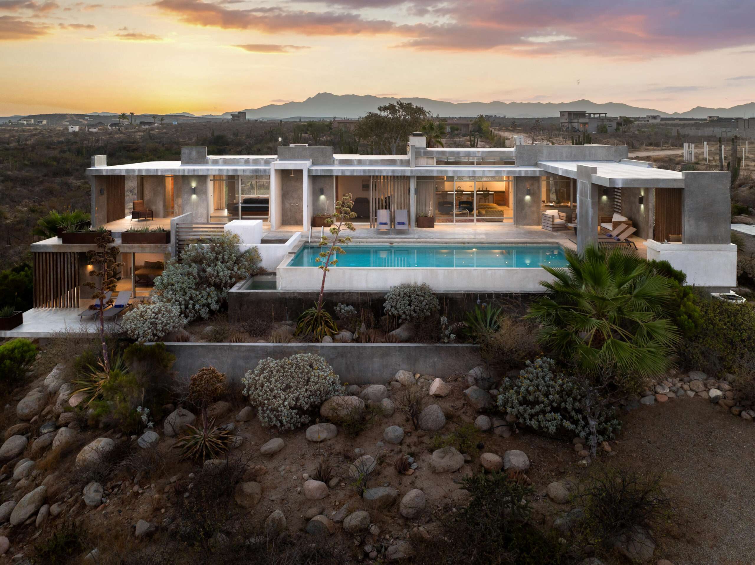 Todos Santos El Posito This Piazzesi contemporary blends seamlessly with the desert setting, perched above an arroyo affording forever Pacific for sale