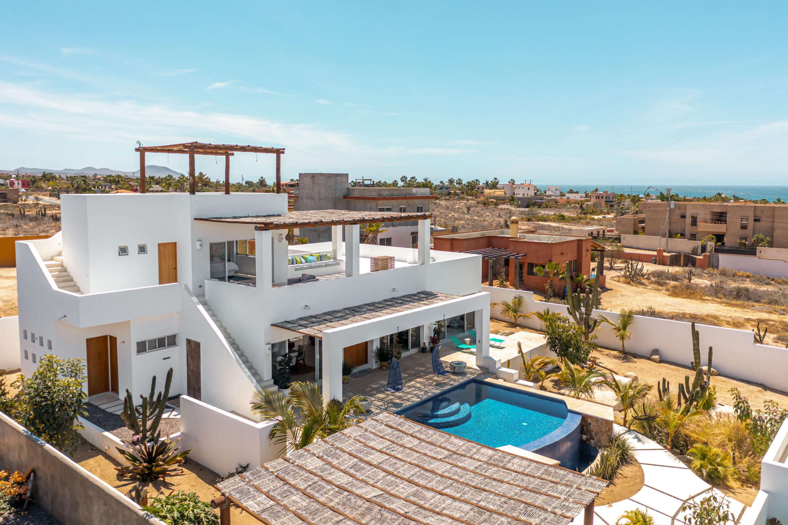 Todos Santos Las Tunas Villa Aguamarina is a contemporary Baja residence defined by clean lines, strong indoor-outdoor flow, and carefully preserved condition throughout. This 3BR / 3.5BA turnkey home offers generous terraces, framed ocean and mountain for sale