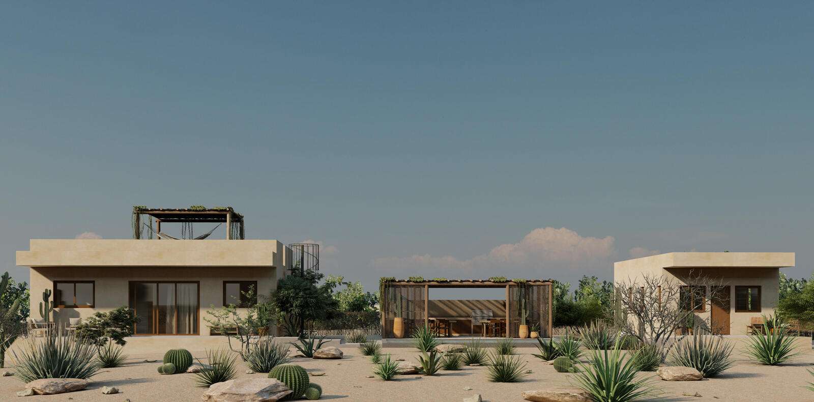 Todos Santos Ahorcadita Casa Horizonte is a brand new income generating property under construction in La Horcadita, Todos Santos. Set on a privileged 1,000 m² corner lot at the highest point of the hill, it offers dual street access and beautiful open for sale