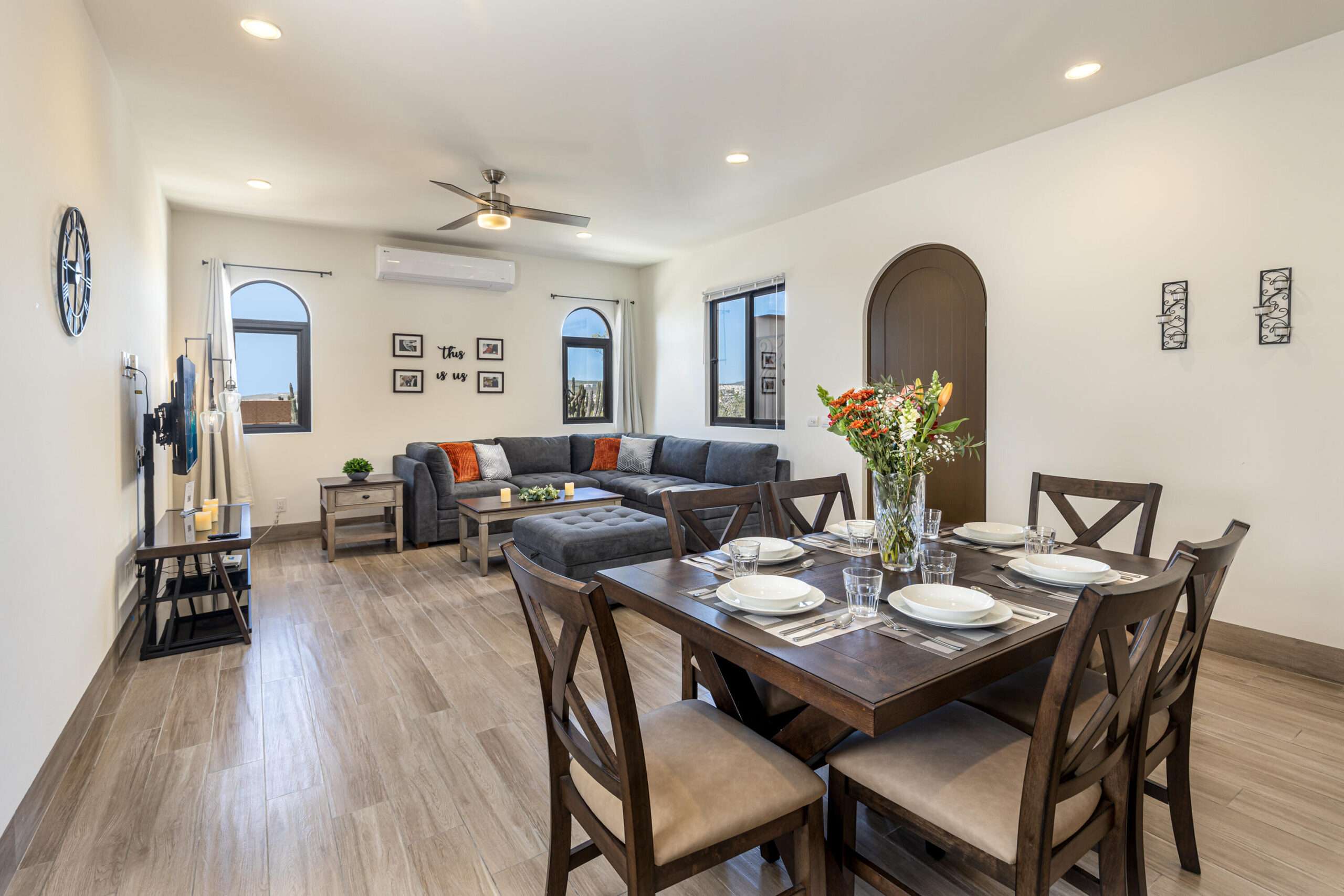 Todos Santos Villas De Cerritos Beach This charming two-story home blends comfort, modern style, and laid-back Baja beach living. From the moment you arrive, the well-kept landscaping and contemporary coastal architecture set the tone for a serene and welcoming atmosphere.Inside, an open-concept layout connects the living room, dining area, and kitchen, naturally lit by large windows that frame glimpses of the surrounding landscape. The neutral color palette and relaxed furnishings create an immediate sense of calm. The kitchen is modern and functional, featuring stainless steel appliances, ample counter space, and smart storage. A half bath on this level adds convenience for guests. Sliding pocket doors open onto a private patio with a pergola perfect for outdoor dining, sun lounging, and enjoying Baja's breezy afternoons. The garden area has been thoughtfully designed for intimate gatherings and immersing in nature.Upstairs, two of the three bedrooms offer peaceful sanctuaries. The primary bedroom includes an en-suite bathroom, while the other two share a modern full bath.But the real highlight awaits on the third-level roof deck a luxurious jacuzzi overlooking panoramic for sale
